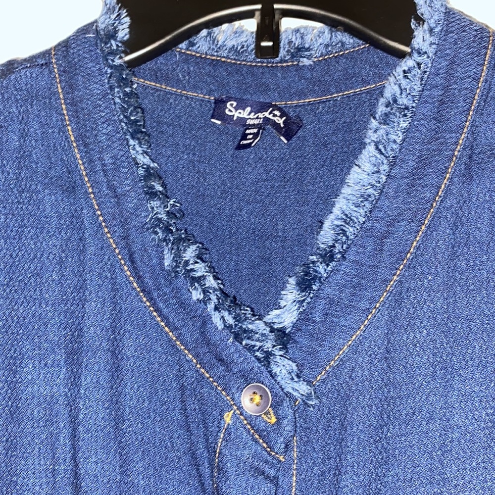 Splendid Blue Frayed Wide Leg Chambray Denim Jumpsuit NWOT - Picture 7 of 12